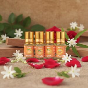 Attar Roll On Bottle Combo Pack of 4, Sandal Kewda Gulab and Mogra Traditional Floral Scent Oils