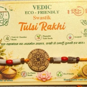 Eco-Friendly Tulsi Chandan Rakhi Plantable Tulsi Seed Handmade Wooden Swastik Sandalwood Rakhi (1 Rakhi)