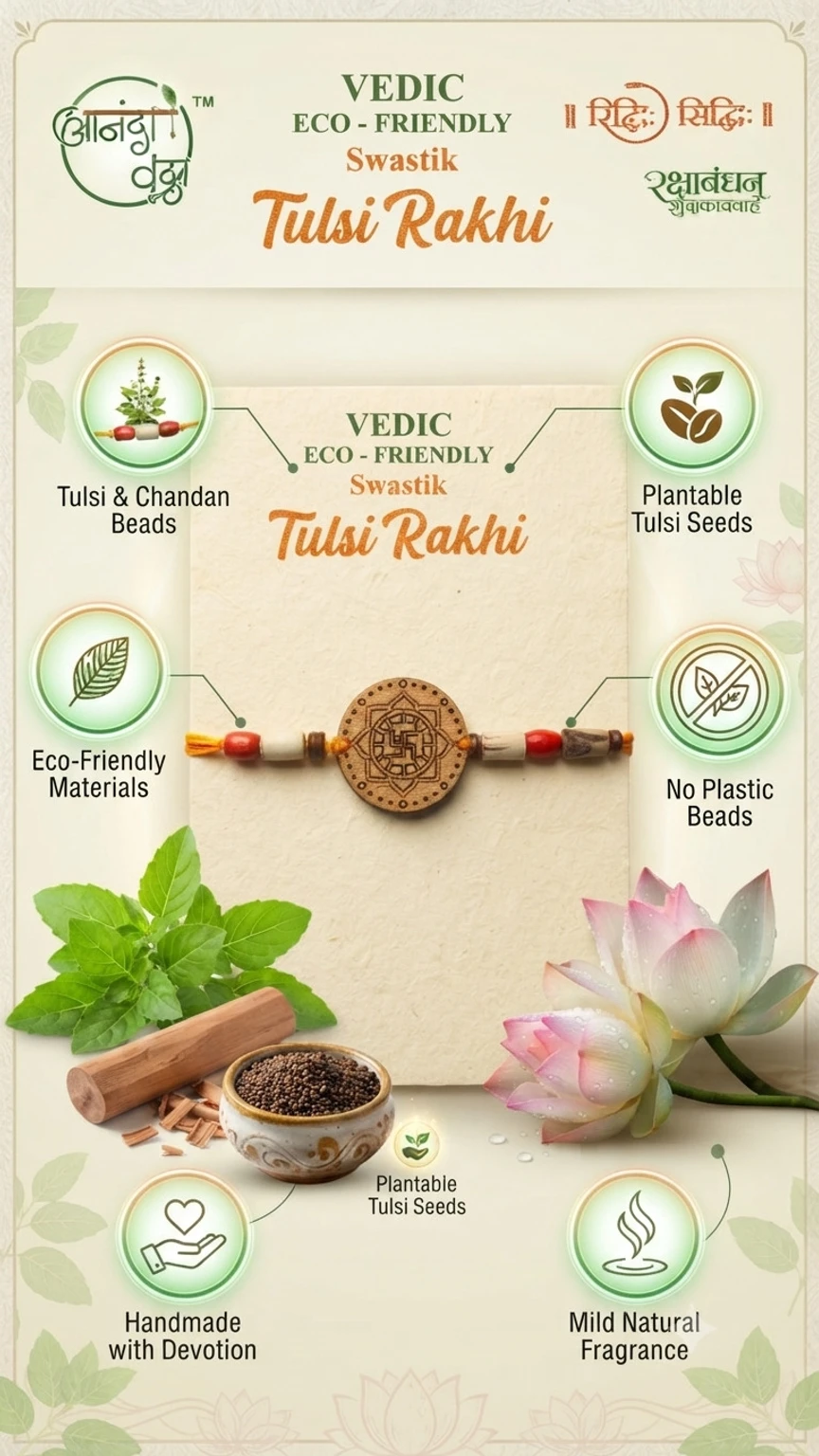 Eco-Friendly Tulsi Chandan Rakhi Plantable Tulsi Seed Handmade Wooden Swastik Sandalwood Rakhi (1 Rakhi) - Image 2