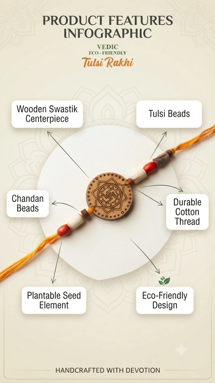 Eco-Friendly Tulsi Chandan Rakhi Plantable Tulsi Seed Handmade Wooden Swastik Sandalwood Rakhi (1 Rakhi) - Image 3